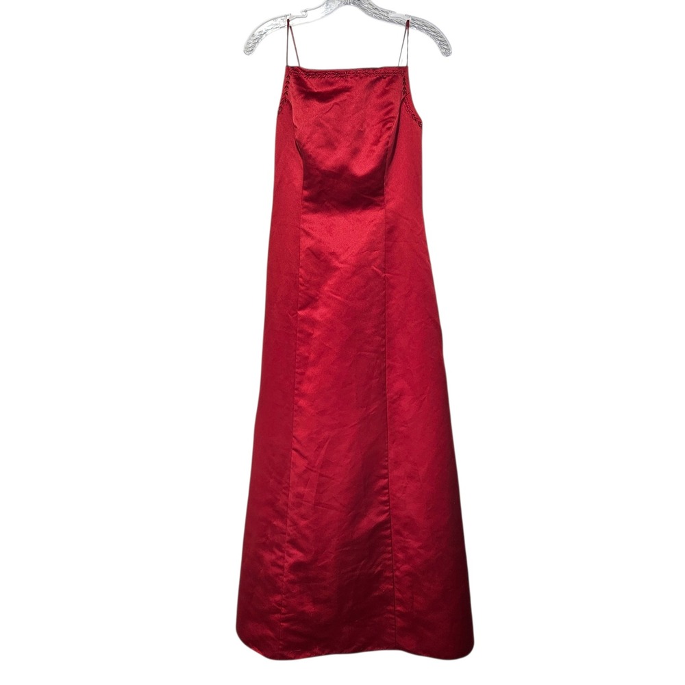 Red Satin Gown Beaded Floor Length Evening Dress Medium Chiffon Panel Holiday
